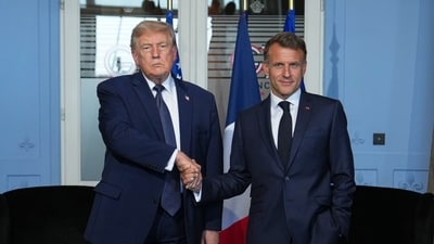President Donald Trump meets with French President Emmanuel Macron during a bilateral meeting on the sidelines of the G7 summit, Monday, June 15, 2026, in Evian-les-Bains, France. (AP Photo/Julia Demaree Nikhinson)