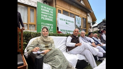 PDP president Mehbooba Mufti during her visit to Pahalgam ahead of the annual Amarnath Yatra, appealing locals to warmly welcome Hindu pilgrims, in Pahalgam on Monday. (ANI)