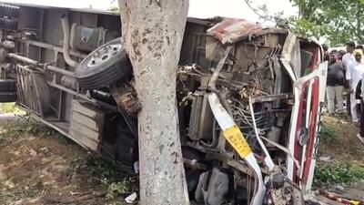 The private bus carrying 52 passengers that overturned near Bhodi village in Haryana’s Fatehabad district on Monday morning. (HT Photo) The private bus carrying 52 passengers that overturned near Bhodi village in Haryana’s Fatehabad district on Monday morning. (HT Photo)
