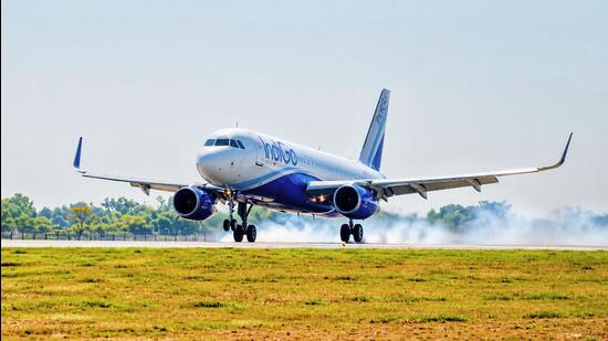 The inaugural IndiGo flight (6E 2278) departed from Chaudhary Charan Singh International Airport, Lucknow, at 7.55am and landed at Jewar at 8.45am. (HT Photo)