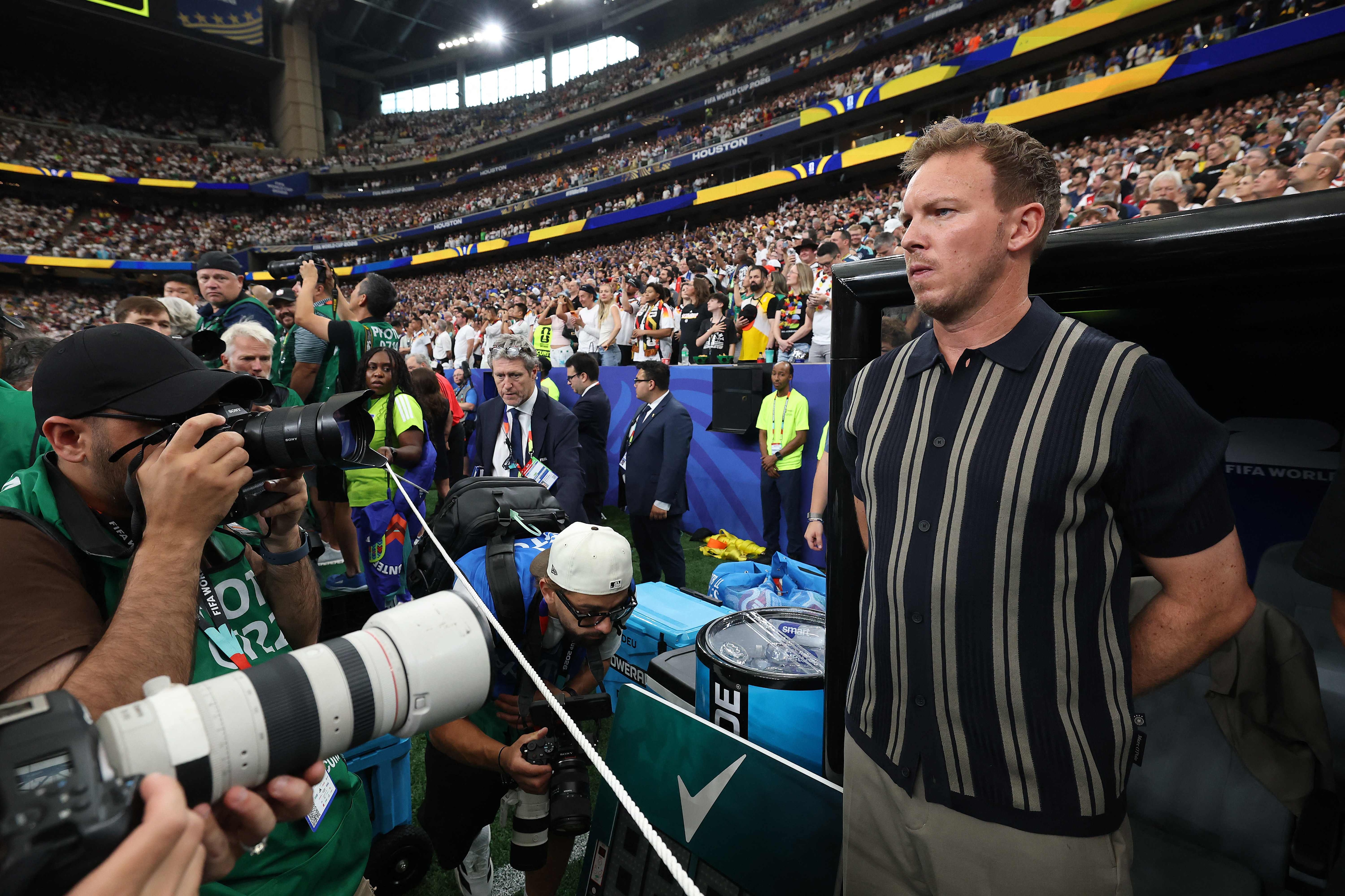 Julian Nagelsmann, Head Coach of Germany, stands for the national anthem before the FIFA World Cup 2026 Group E match between Germany and Curacao at Houston Stadium (Getty Images via AFP)