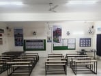 A decorated hall for young players to watch soccer matches at Minerva, Mohali. (HT Photo)
