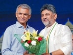 Karnataka Chief Minister DK Shivakumar with Krishna Byre Gowda after he takes the oath as a minister during a ceremony of the new Karnataka government at Lok Bhavan, in Bengaluru on last week.