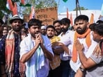 CJP leader Abhijeet Dipke along with party supporters stage a protest in Jaipur. CJP leader Abhijeet Dipke along with party supporters stage a protest in Jaipur.
