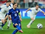 Croatia's Luka Modric scores his side's second goal from a penalty spot during a World Cup 2026 group L qualifying soccer match between Croatia and Czech Republic at the Opus Arena in Osijek, Croatia. (AP Photo)