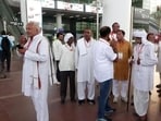Farmers and locals at Noida internatioal airport on Monday. (ANI) Farmers and locals at Noida internatioal airport on Monday. (ANI)