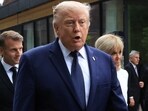 US President Donald Trump, France's President Emmanuel Macron with his wife Brigitte walk before  a family photo photograph prior to a gala dinner as part of the G7 summit in Evian-les-Bains, France. 