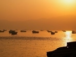 Vessels at the Strait of Hormuz, as seen from Musandam, Oman. 