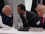 India's Prime Minister Narenda Modi talks to U.S. President Donald Trump before the plenary session at the G7 summit, Tuesday, June 16, 2026, in Evian-les-Bains, France. (AP)