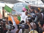 Minister of state for railways Ravneet Singh Bittu on Tuesday flagged off the Vande Bharat Express between Amritsar and Shri Mata Vaishno Devi Katra on a new route via Gurdaspur and Batala, reducing the journey distance by about 84 km and travel time by nearly 40 minutes. (Sameer Sehgal/HT)