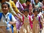 Mumbai, India. India. June 15, 2026 - Students are back at Sane Guruji High School in Dadar on the first day of school in Mumbai city, which reopens for the 2026-27 academic year after the two-month summer vacation. Mumbai, India. India. June 15, 2026. (Photo by Raju Shinde/HT Photo) (Raju Shinde)