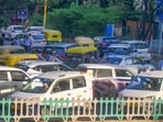 Narrow (internal) roads were unable to take the load of vehicles diverted from Ring Road and many of them remained gridlocked for hours on Tuesday. (RAJ K RAJ /HT PHOTO)
