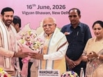 Union minister Manohar Lal Khattar is greeted by Haryana CM Nayab Singh Saini in the presence of Delhi CM Rekha Gupta during the 42nd meeting of the National Capital Region Planning Board at Vigyan Bhawan in New Delhi on Tuesday. (@cmohry)