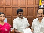 Viralimalai MLA and former Tamil Nadu minister C. Vijayabaskar hands over the letter of resignation as a member of the Tamil Nadu Legislative Assembly to Legislative Assembly Speaker J.C.D. Prabhakar. (TN DIPR/ANI)