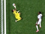 Vozinha #1 of Cabo Verde makes a save during the FIFA World Cup 2026 Group H match between Spain and Cabo Verde.