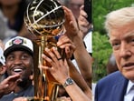 Knicks players celebrate with the Lombardi trophy (L) and Donald Trump. Knicks players celebrate with the Lombardi trophy (L) and Donald Trump.