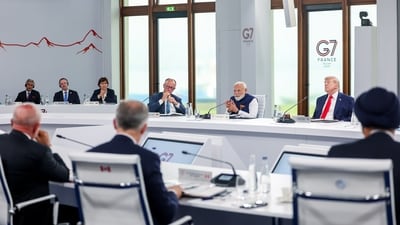 Prime Minister Narendra Modi participates in the Outreach Session on “Forging new Partnerships and rebuilding international solidarity” at the G7 Summit, in Evian on Tuesday. US President Donald Trump and other G7 leaders also present. (DPR PMO ) Prime Minister Narendra Modi participates in the Outreach Session on “Forging new Partnerships and rebuilding international solidarity” at the G7 Summit, in Evian on Tuesday. US President Donald Trump and other G7 leaders also present. (DPR PMO )