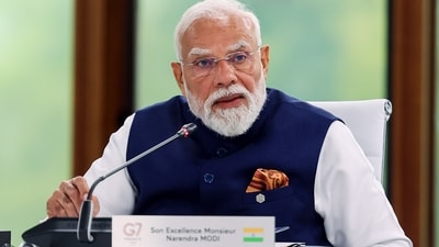 Prime Minister Narendra Modi speaks at the Outreach Session on “Forging new Partnerships and rebuilding international solidarity” at the G7 Summit, in Evian on Tuesday. (DPR PMO) Prime Minister Narendra Modi speaks at the Outreach Session on “Forging new Partnerships and rebuilding international solidarity” at the G7 Summit, in Evian on Tuesday. (DPR PMO)