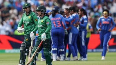 Pakistan players (L) walk off as India (behind) celebrate their victory at the end of the ICC Women's T20 cricket World Cup 2026 Group A stage (AFP)