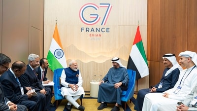 This handout photograph released by the United Arab Emirates Presidential Court shows UAE's President Mohamed bin Zayed al-Nahyan (C-R) meeting with India's Prime Minister Narendra Modi on the sidelines of the G7 summit in Evian, eastern France, on June 16, 2026. (AFP) This handout photograph released by the United Arab Emirates Presidential Court shows UAE's President Mohamed bin Zayed al-Nahyan (C-R) meeting with India's Prime Minister Narendra Modi on the sidelines of the G7 summit in Evian, eastern France, on June 16, 2026. (AFP)