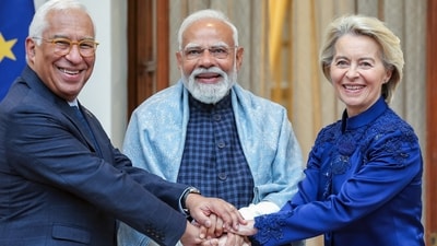 Prime Minister Narendra Modi with European Council President António Luís Santos da Costa and European Commission President Ursula von der Leyen, at Hyderabad House in New Delhi. (DPR PMO) Prime Minister Narendra Modi with European Council President António Luís Santos da Costa and European Commission President Ursula von der Leyen, at Hyderabad House in New Delhi. (DPR PMO)