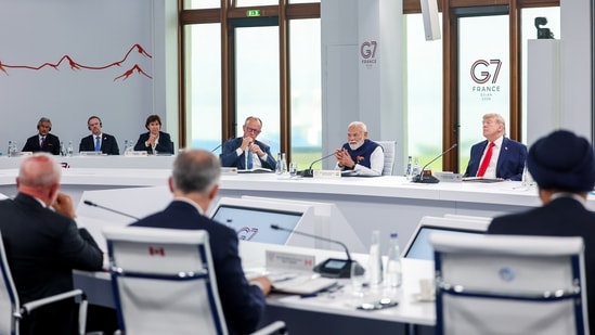 Prime Minister Narendra Modi participates in the Outreach Session on “Forging new Partnerships and rebuilding international solidarity” at the G7 Summit, in Evian on Tuesday. US President Donald Trump and other G7 leaders also present.(DPR PMO )