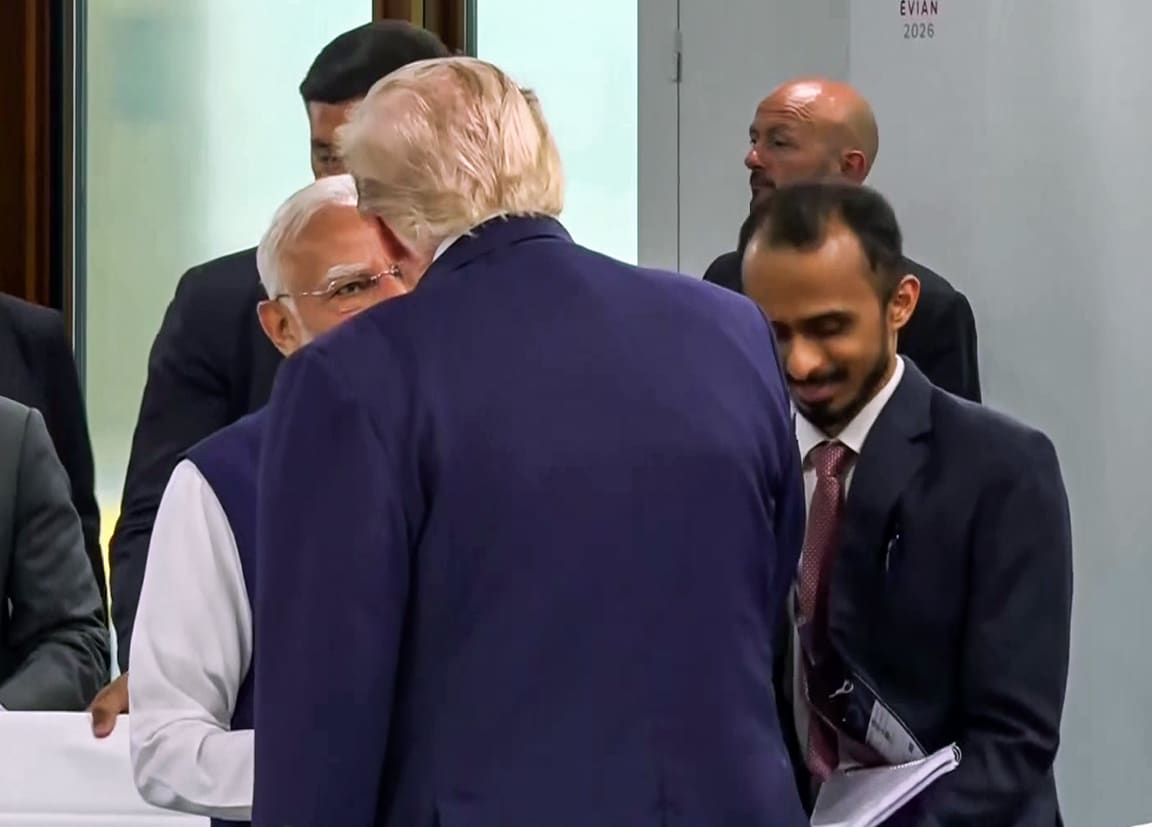 Evian, [France], Jun 16 (ANI): Prime Minister Narendra Modi interacts with US President Donald Trump at the G7 Summit, in Evian on Tuesday. (DD/ANI Video Grab) (DD/ANI Video Grab)