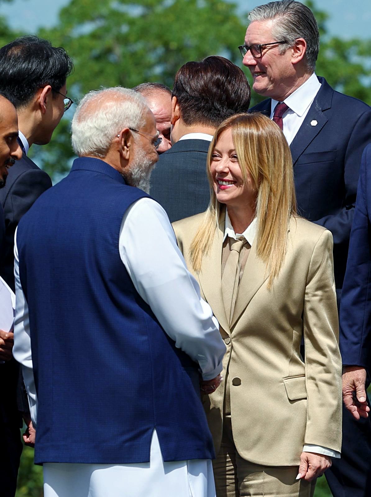 Evian, [France], Jun 16 (ANI): Prime Minister Narendra Modi interacts with Italy's Prime Minister Giorgia Meloni at the G7 Summit, in Evian on Tuesday. (@narendramodi X/ANI Photo) (@narendramodi X)