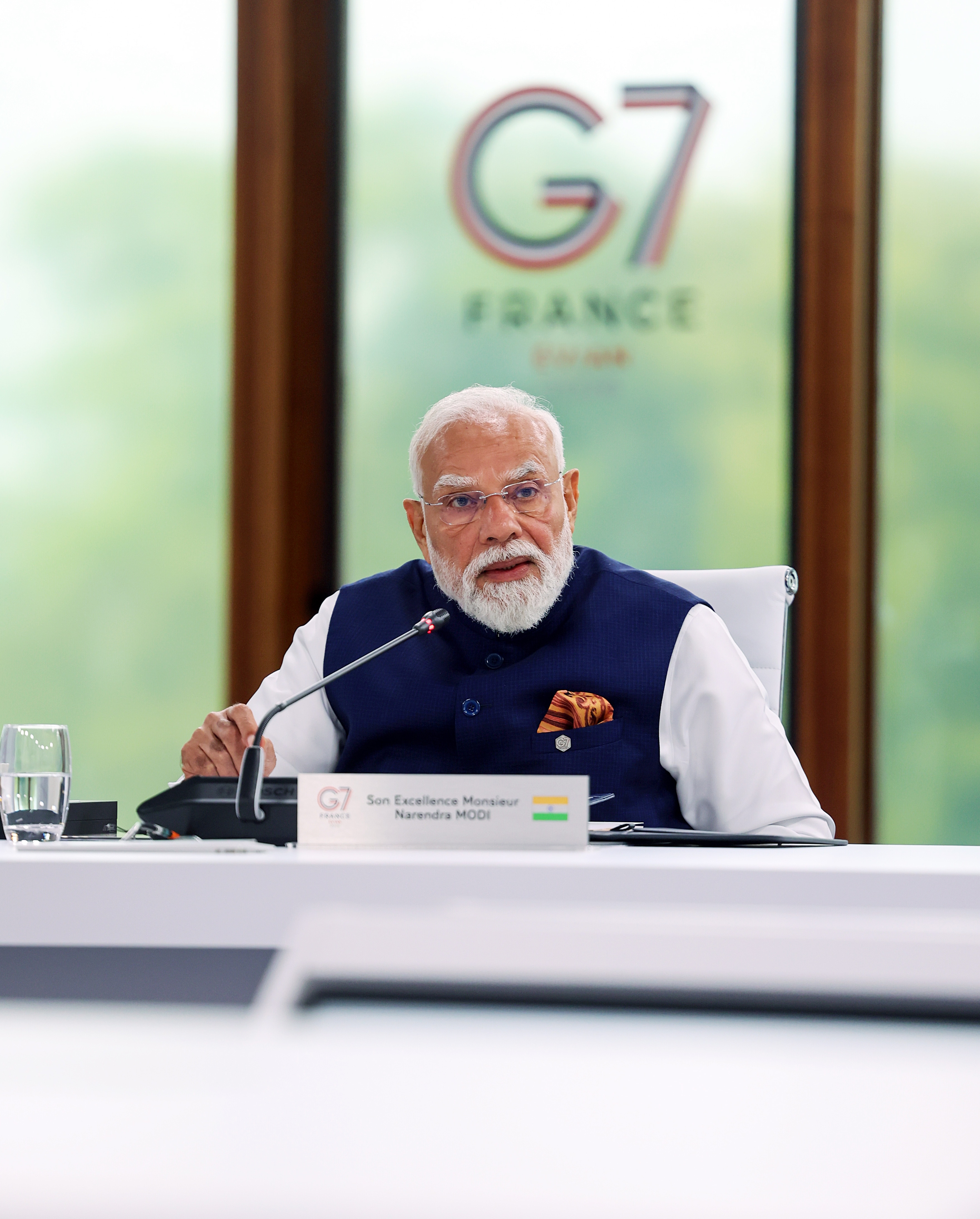 Evian, [France], Jun 16 (ANI): Prime Minister Narendra Modi speaks at the Outreach Session on “Forging new Partnerships and rebuilding international solidarity” at the G7 Summit, in Evian on Tuesday. (DPR PMO/ANI Photo) (DPR PMO)