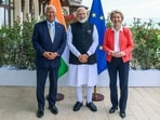 Prime Minister Narendra Modi meets European Council President António Costa and European Commission President Ursula von der Leyen on the sidelines of the G7 Summit, in Evian on Wednesday. 