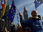 An anti-Brexit demonstrator waves a flag with the national colours of Ukraine during a protest outside the Houses of Parliament in Westminster, London, Britain