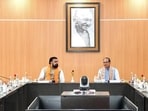 Bihar Chief Minister Samrat Choudhary with Union Agriculture Minister Shivraj Singh Chouhan holding meeting at Lok Sevak Awas 1, Anne Marg in Patna on Wednesday. (Santosh Kumar/ HT)