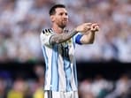 Lionel Messi #10 of Argentina celebrates scoring his team's third and hat trick goal during the FIFA World Cup 2026 Group J match between Argentina and Algeria