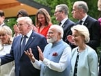 Prime Minister Narendra Modi seen with several global leaders, including US President Donald Trump, European Commission President Ursula von der Leyen, Canada's Prime Minister Mark Carney, among others.