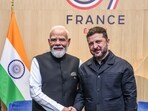 Prime Minister Narendra Modi during a meeting with Ukraine President Volodymyr Zelensky on the sidelines of the G7 Summit, in Evian-les-Bains, France.