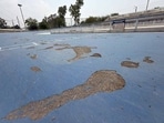 The damaged track of skating rink located near Pakhowal Railway crossing in Ludhiana. (Gurpreet Singh/HT)