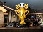 World Cup decorations greet guests in the lobby of the SpringHill Suites near the New Jersey stadium.