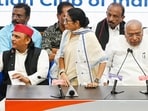 File photo: Congress president Mallikarjun Kharge (R) with TMC chief Mamata Banerjee and Samajwadi Party supremo Akhilesh Yadav
