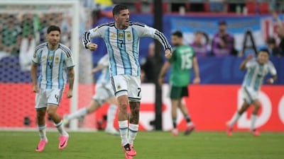 Rodrigo De Paul played a key role in Argentina's breakthrough, supplying the pass for Lionel Messi before joining in the celebrations after the captain found the net. (AFP) Rodrigo De Paul played a key role in Argentina's breakthrough, supplying the pass for Lionel Messi before joining in the celebrations after the captain found the net. (AFP)