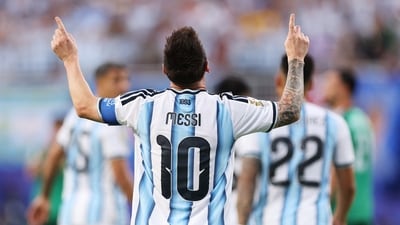 Argentina launched their bid for consecutive World Cup titles in style as Lionel Messi scored a brilliant hat-trick in a 3-0 win over Algeria, becoming the joint-highest scorer in tournament history during his sixth World Cup appearance. (Getty Images via AFP) Argentina launched their bid for consecutive World Cup titles in style as Lionel Messi scored a brilliant hat-trick in a 3-0 win over Algeria, becoming the joint-highest scorer in tournament history during his sixth World Cup appearance. (Getty Images via AFP)