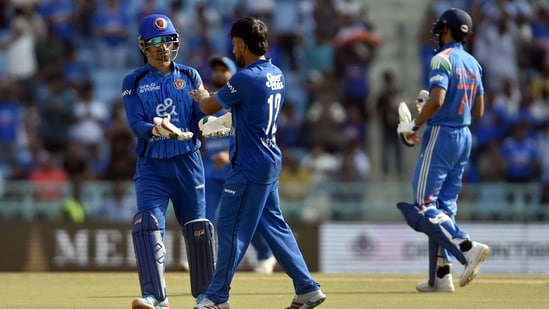 Afghanistan's Nangeyalia Kharoti returned figures of 4/76 and was the pick of the bowlers for the visitors. Towards the end, he took three quick wickets to hurt India.(ANI Pic Service)