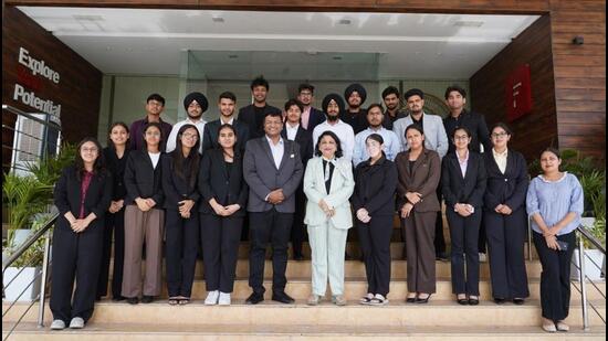 Chitkara University president Madhu Chitkara with founders after their startup showcases at Microsoft India and IIM Lucknow, celebrating innovation, entrepreneurship, and industry-ready impact.