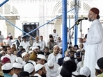 AIMIM president and Lok Sabha MP Asaduddin Owaisi addresses an event at Makkah Masjid in Hyderabad.