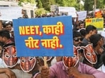 Supporters of the Cockroach Janata Party participate in a protest demanding the resignation of Education Minister Dharmendra Pradhan and condemning the NEET-UG paper leak at Samvidhan Chowk, in Nagpur on Tuesday. 