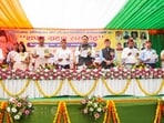 Uttarakhand Chief Minister Pushkar Singh Dhami administers the oath of office and secrecy to the newly elected office bearers of the Uttarakhand Secretariat Association executive committee, in Dehradun on Wednesday. 