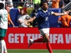 France's forward Kylian Mbappe celebrates after scoring his team's third goal against Senegal at the New York/New Jersey Stadium in East Rutherford. (AFP)