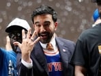 New York City Mayor Zohran Mamdani celebrates during the New York Knicks victory parade.