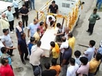 Mortal remains of deceased seafarer Aditya Sharma arrives at his home in Hamirpur on Thursday. (REUTERS)