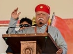 RSS chief Mohan Bhagwat addresses a gathering during the 'Haldighati Victory Sesquicentennial Commemoration' programme.