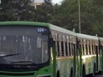 Pune, India - April 3, 2021: PMPML parked at BRT Satara road in Pune, India, on Saturday, April 3, 2021. (Photo by Rahul Raut/HT PHOTO)